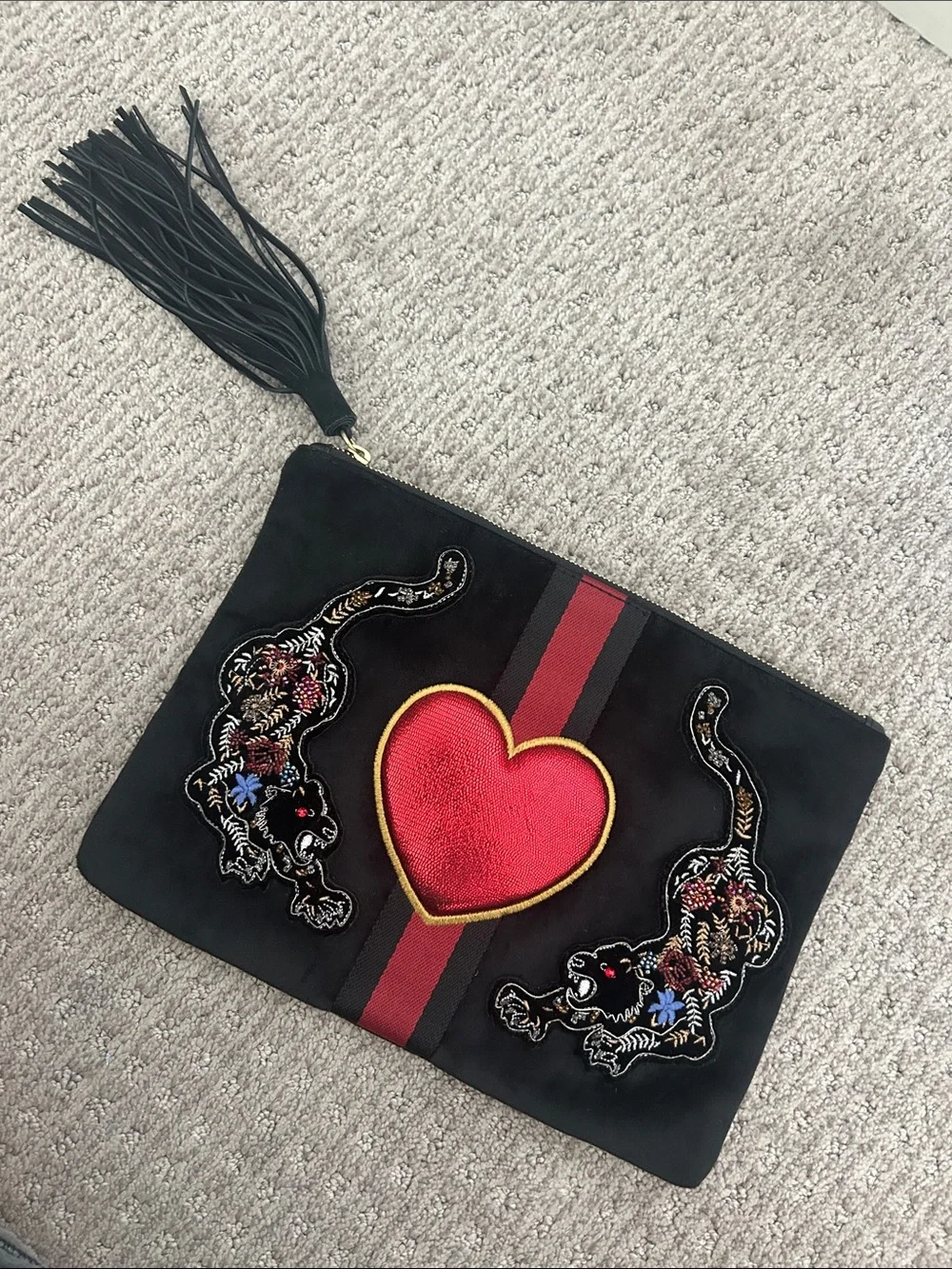 Sam Edelman Black Suede Clutch with Red Heart and Embroidered Tigers